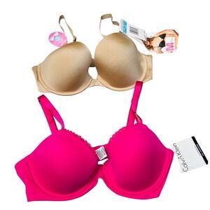 NWT Calvin Klein & Maidenform 36C Bra Bundle Pink Tan T-Shirt Bras Set of 2